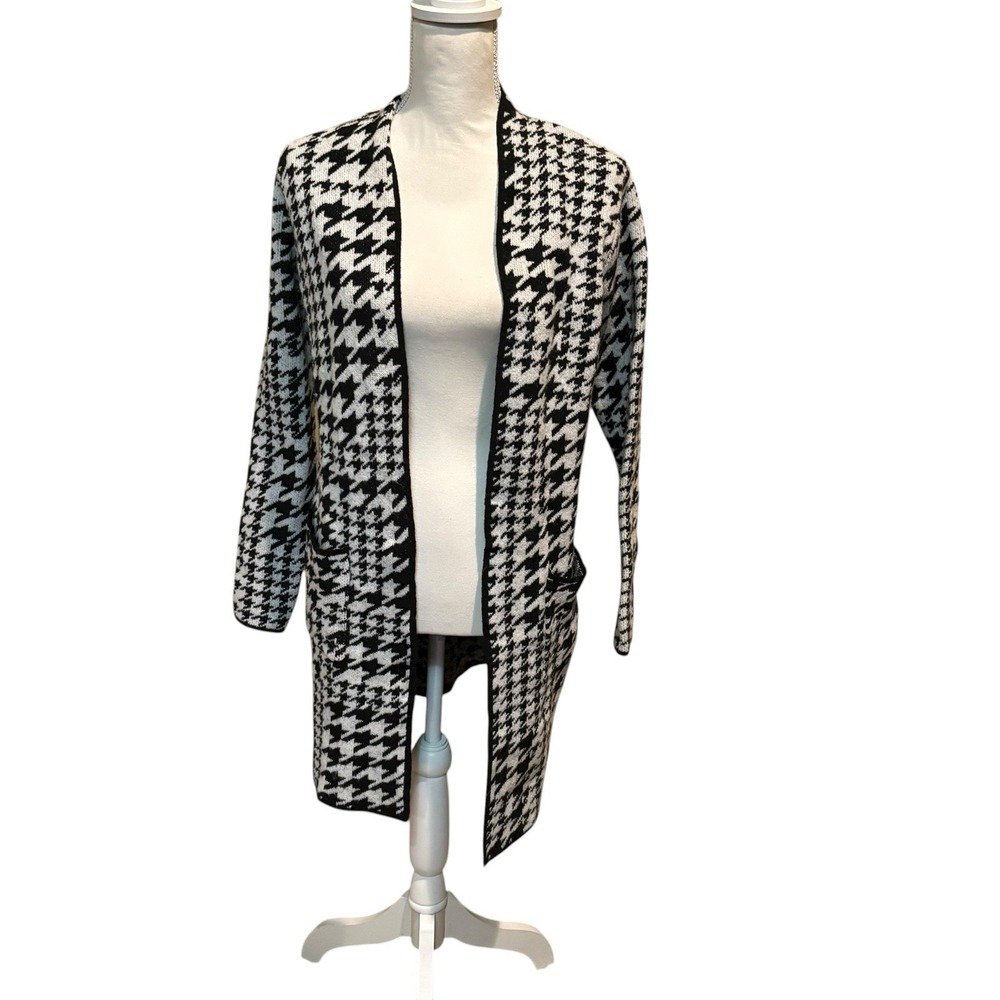 Nine West Women's XS Houndstooth Open‎ Front Long Cardigan Black White
